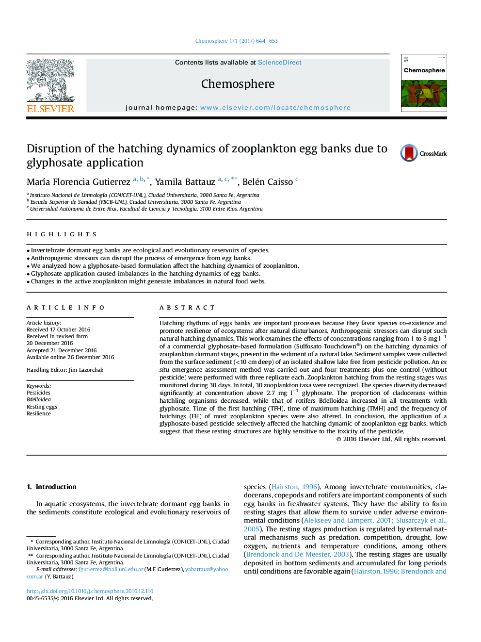 Disruption of the hatching dynamics of zooplankton egg banks due to glyphosate application