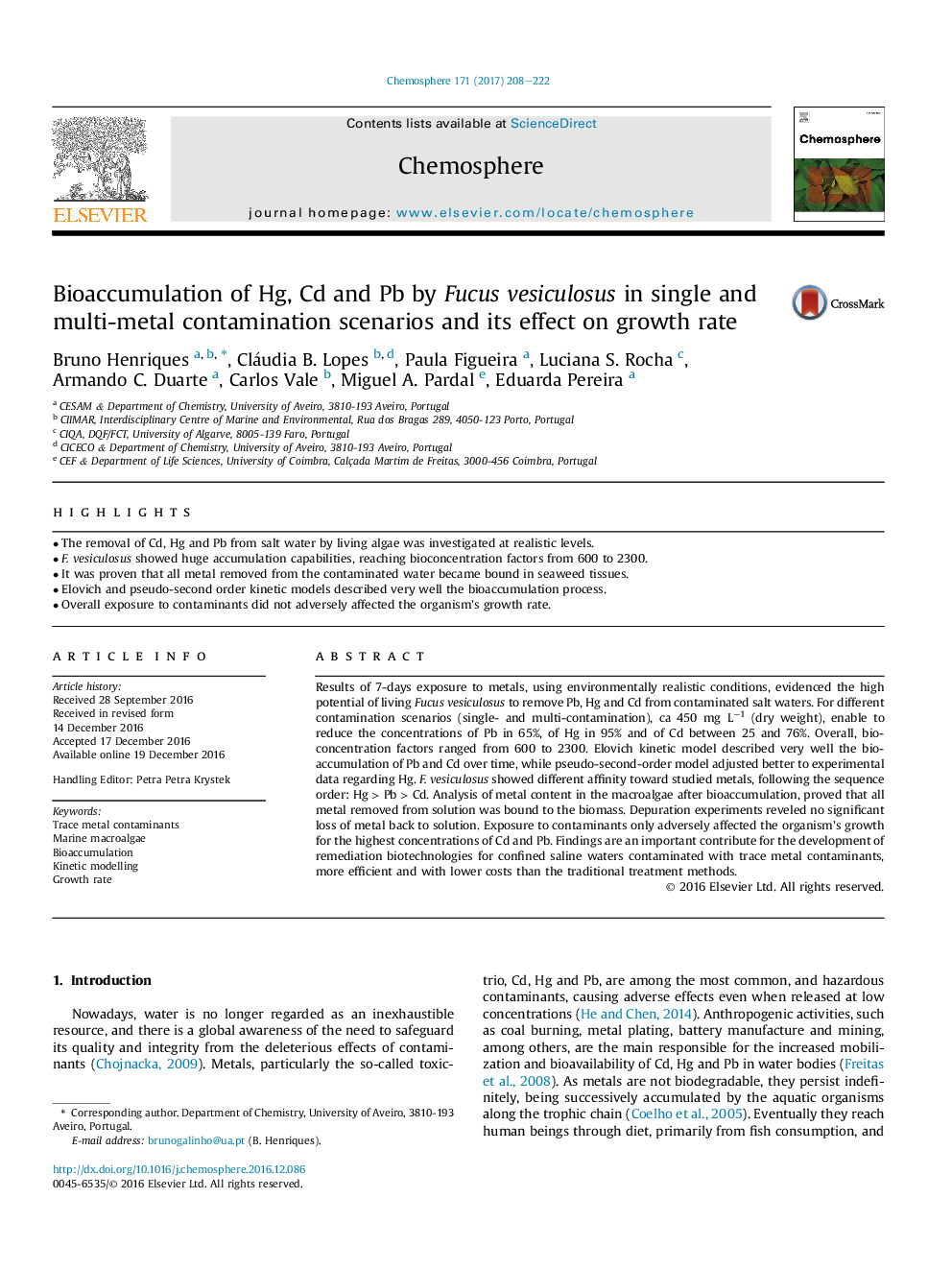 Bioaccumulation of Hg, Cd and Pb by Fucus vesiculosus in single and multi-metal contamination scenarios and its effect on growth rate