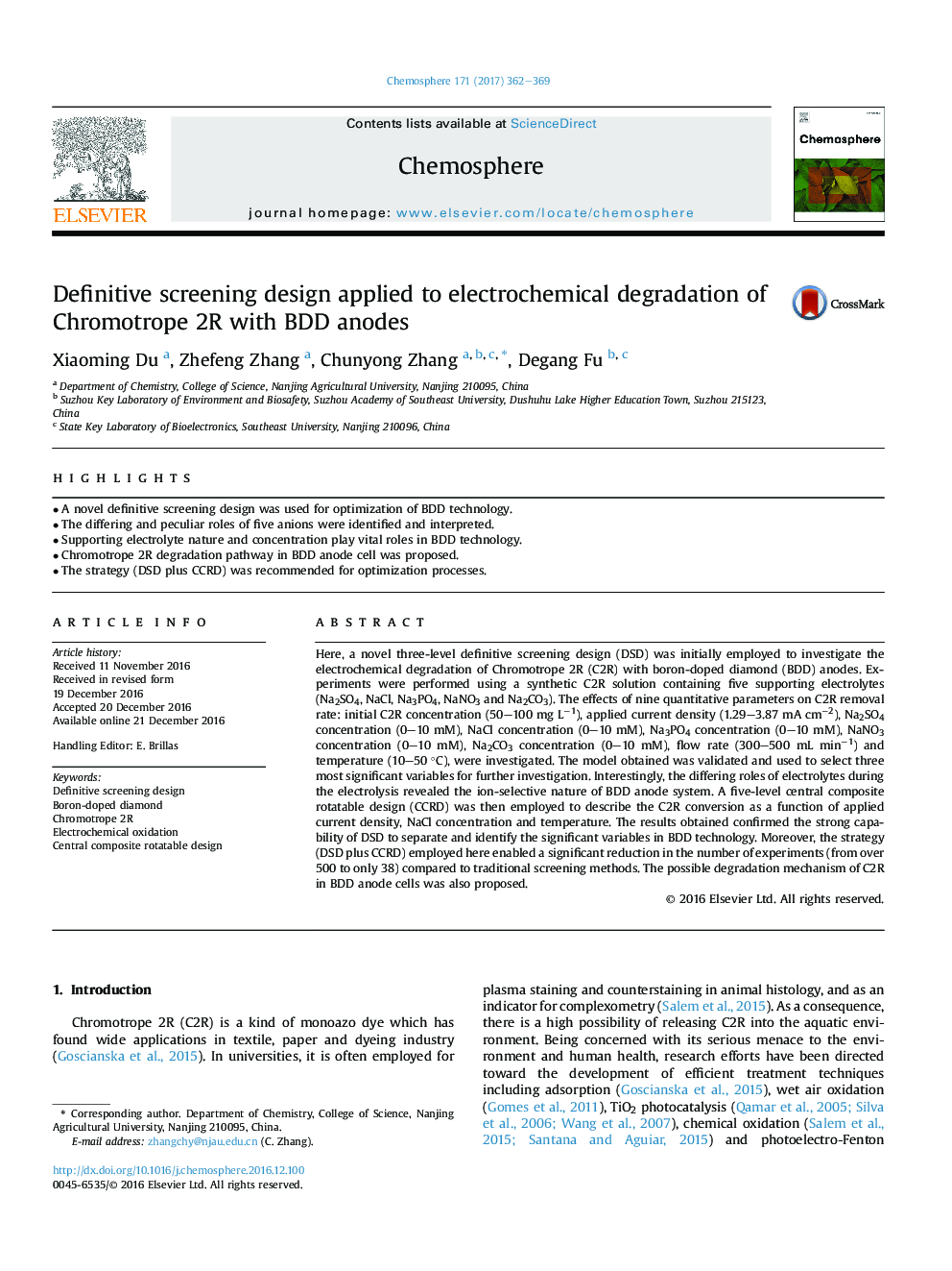 Definitive screening design applied to electrochemical degradation of Chromotrope 2R with BDD anodes