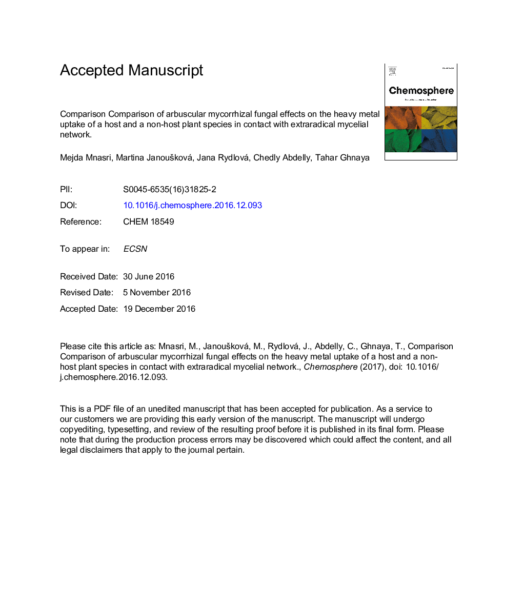 مقایسه اثرات قارچ مایکوریزه آربوسکولیک بر جذب فلزات سنگین میزبان و یک گونه گیاه غیر میزبان در تماس با شبکه عصبی مری 