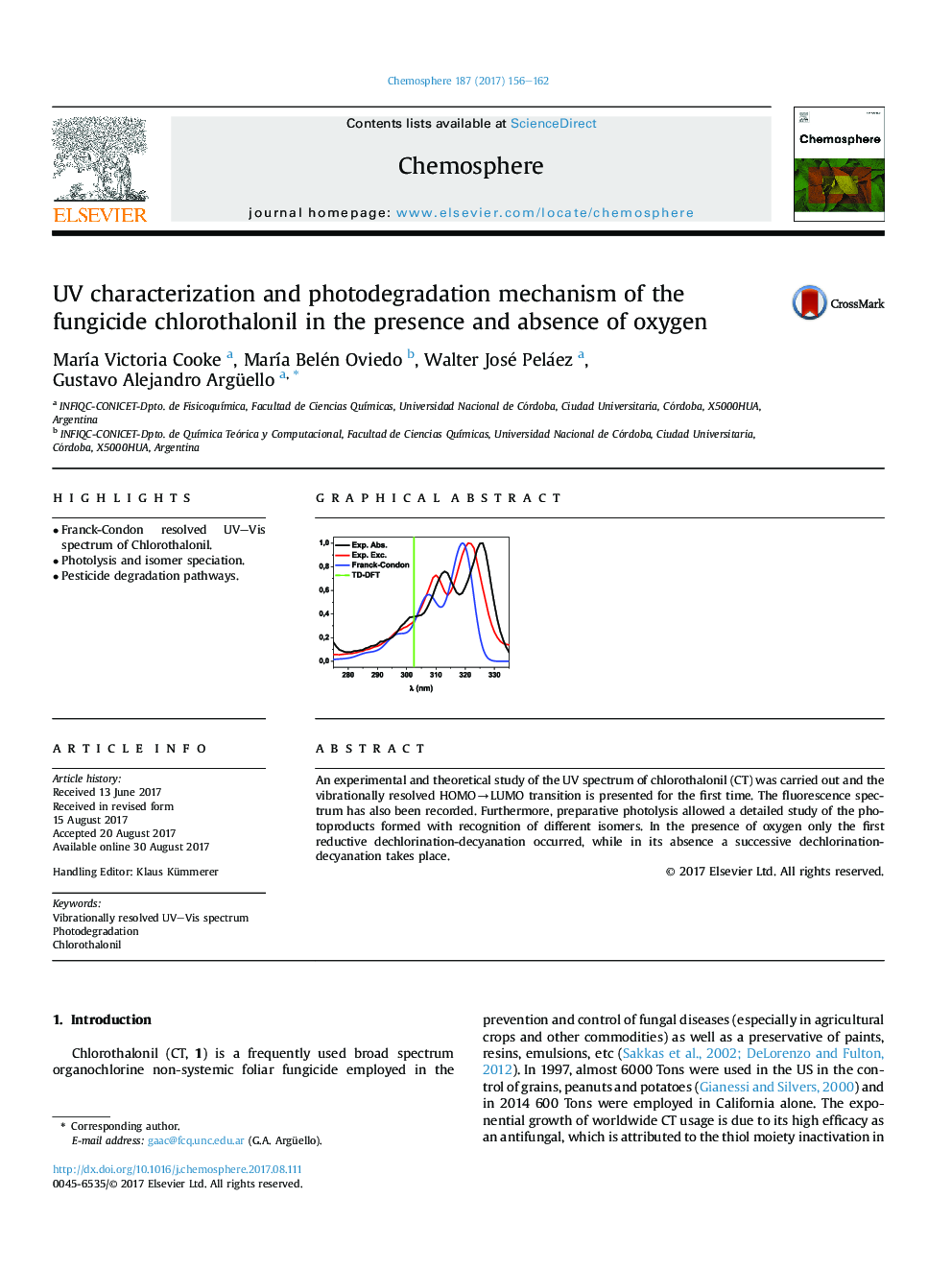 UV characterization and photodegradation mechanism of the fungicide chlorothalonil in the presence and absence of oxygen