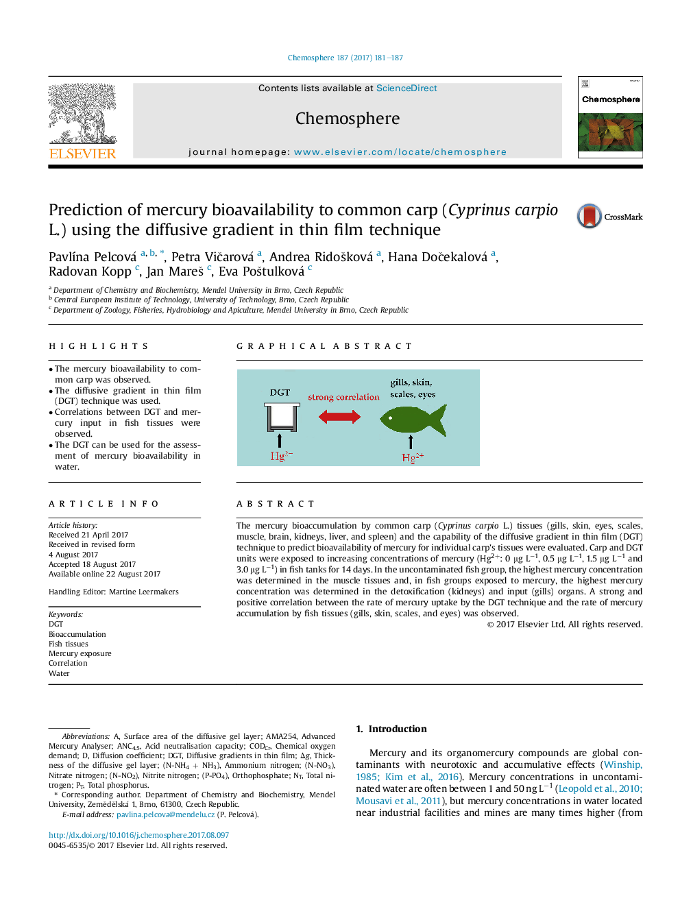 Prediction of mercury bioavailability to common carp (Cyprinus carpio L.) using the diffusive gradient in thin film technique