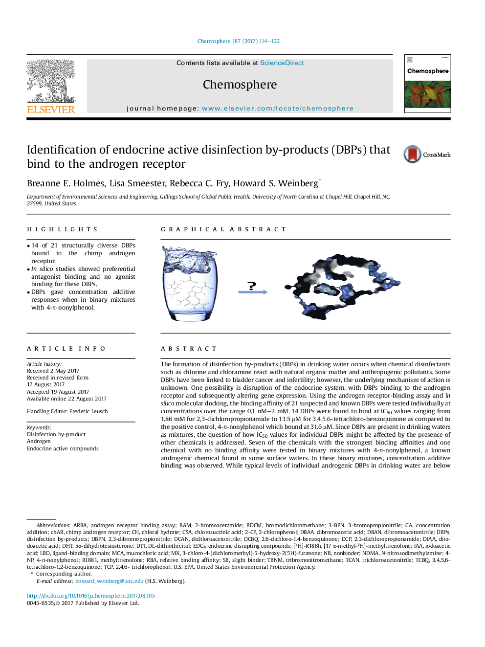 Identification of endocrine active disinfection by-products (DBPs) that bind to the androgen receptor