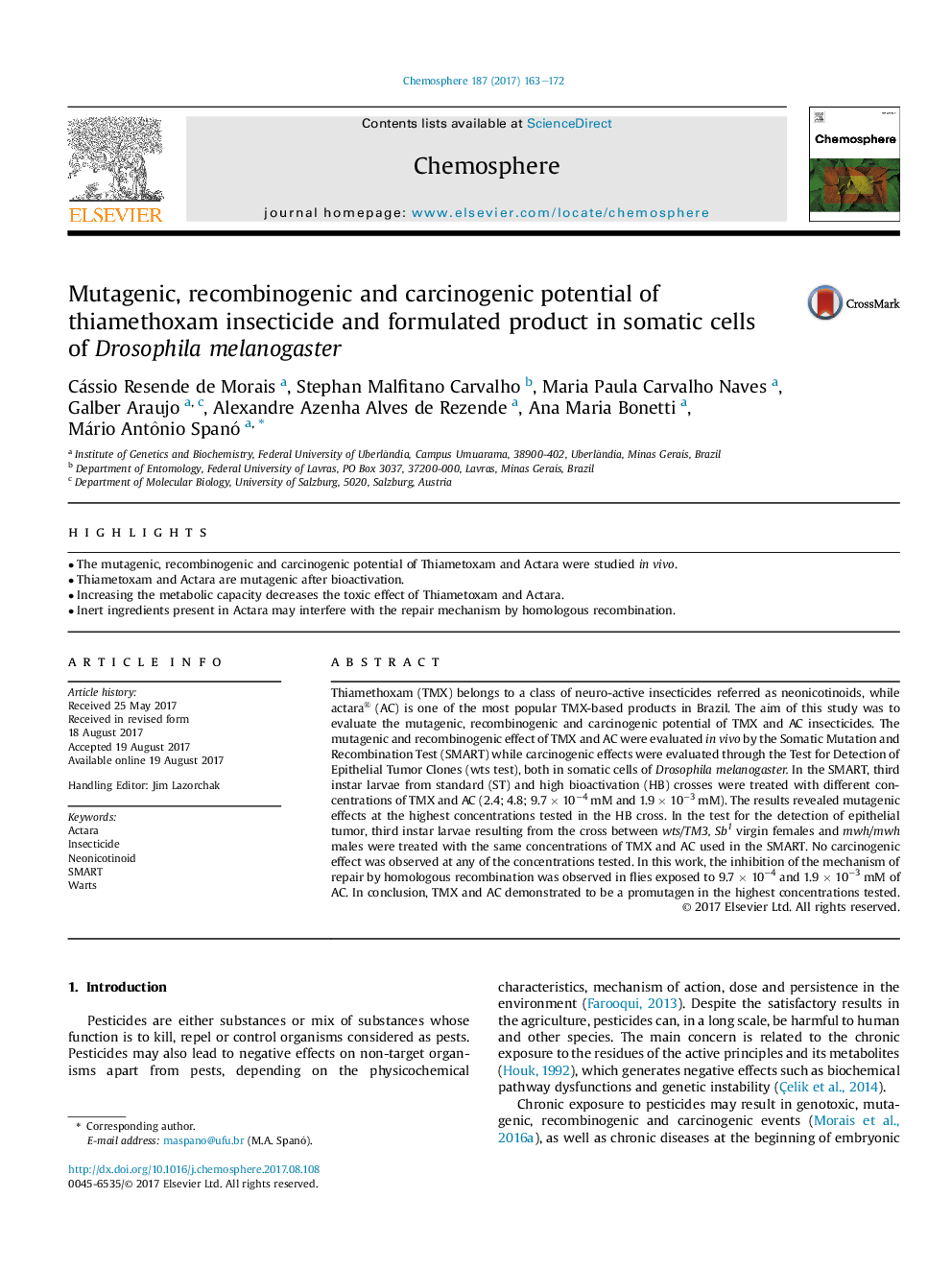 Mutagenic, recombinogenic and carcinogenic potential of thiamethoxam insecticide and formulated product in somatic cells ofÂ Drosophila melanogaster