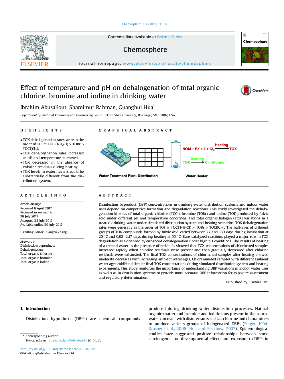 Effect of temperature and pH on dehalogenation of total organic chlorine, bromine and iodine in drinking water