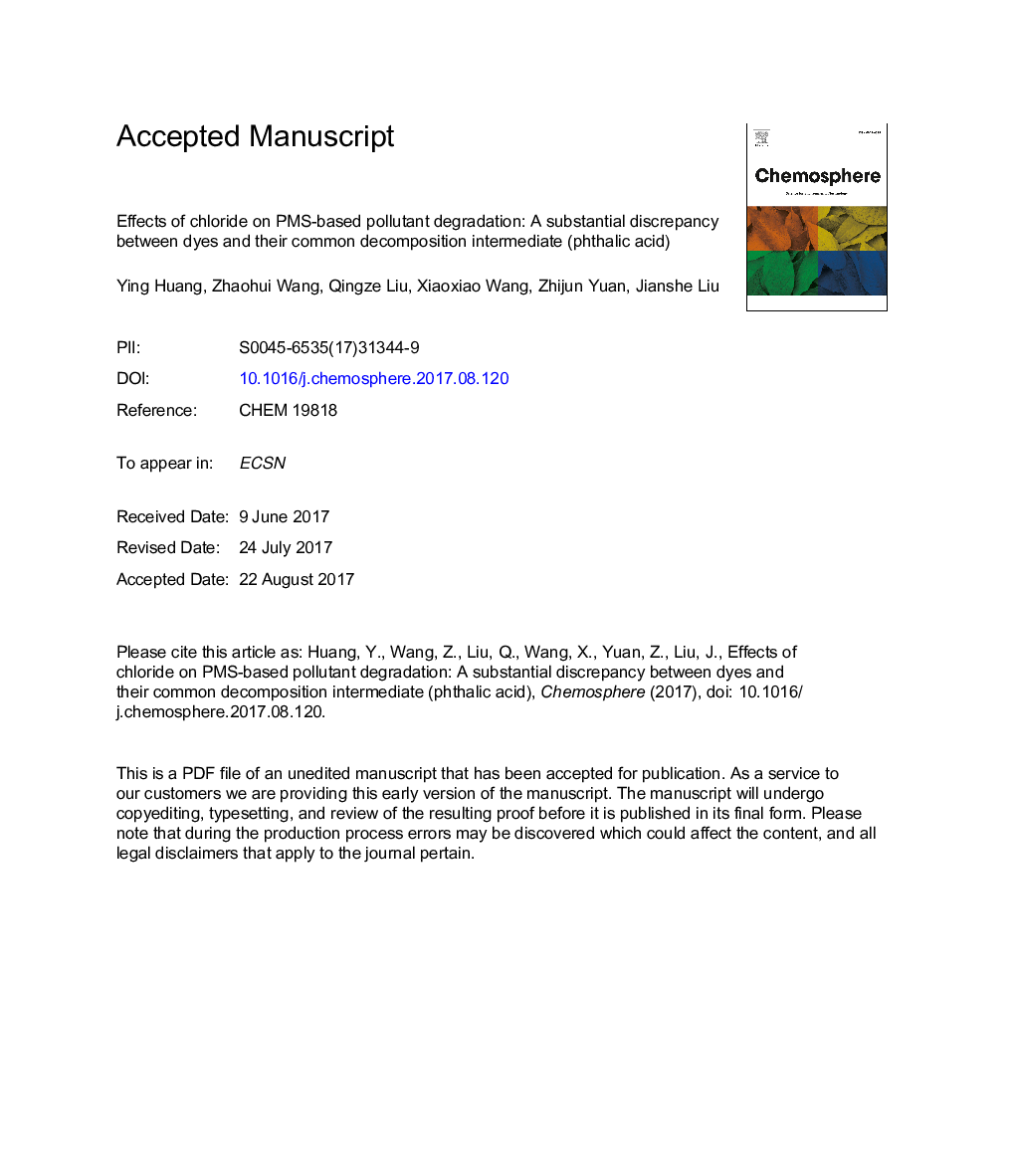 Effects of chloride on PMS-based pollutant degradation: A substantial discrepancy between dyes and their common decomposition intermediate (phthalic acid)