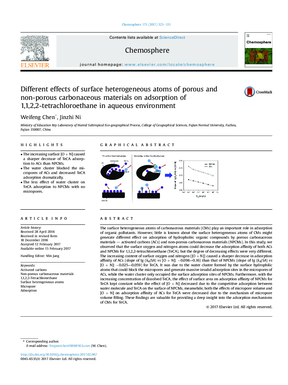 Different effects of surface heterogeneous atoms of porous and non-porous carbonaceous materials on adsorption of 1,1,2,2-tetrachloroethane in aqueous environment