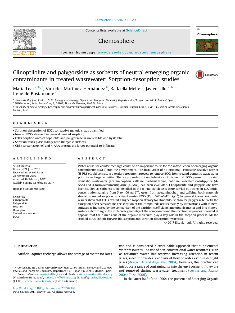 Clinoptilolite and palygorskite as sorbents of neutral emerging organic contaminants in treated wastewater: Sorption-desorption studies