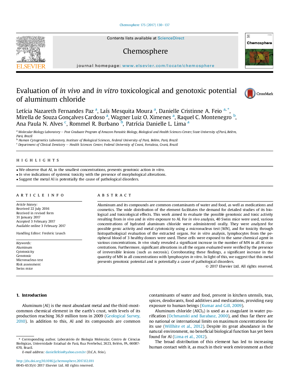 Evaluation of inÂ vivo and inÂ vitro toxicological and genotoxic potential of aluminum chloride