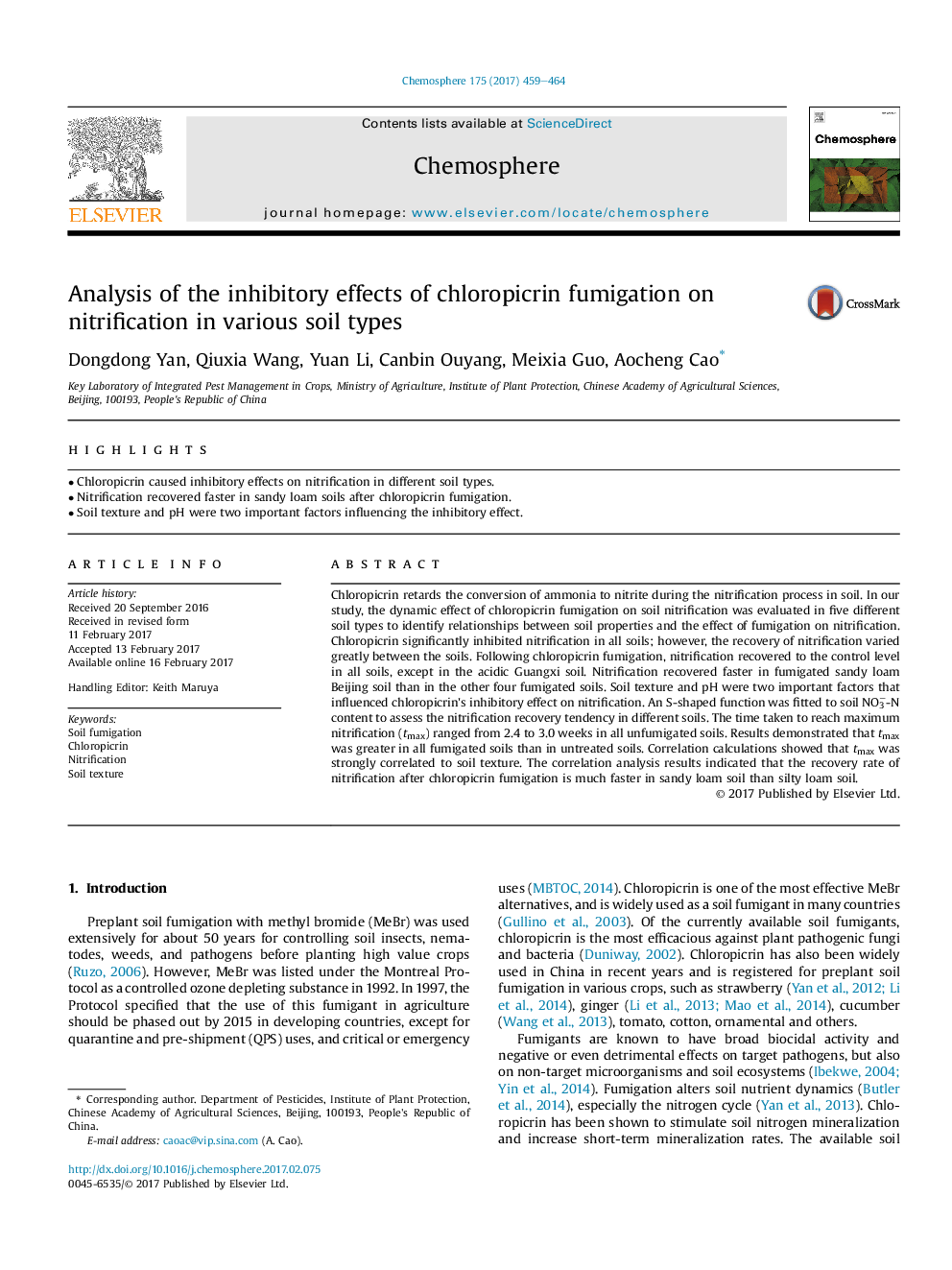 Analysis of the inhibitory effects of chloropicrin fumigation on nitrification in various soil types