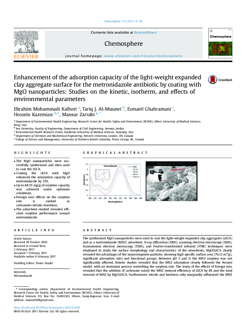 Enhancement of the adsorption capacity of the light-weight expanded clay aggregate surface for the metronidazole antibiotic by coating with MgO nanoparticles: Studies on the kinetic, isotherm, and effects of environmental parameters