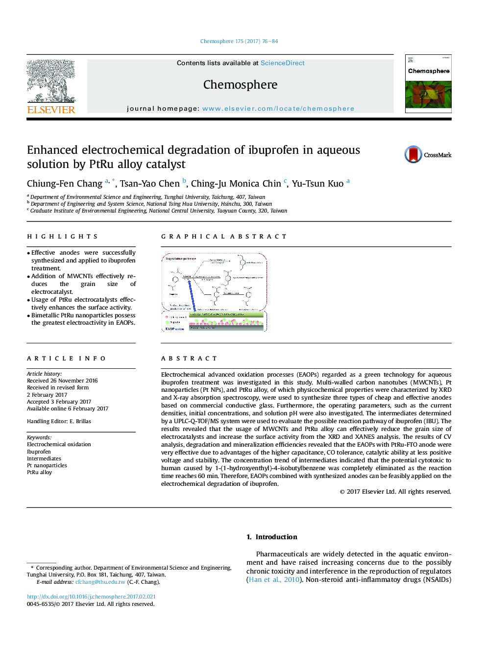 Enhanced electrochemical degradation of ibuprofen in aqueous solution by PtRu alloy catalyst