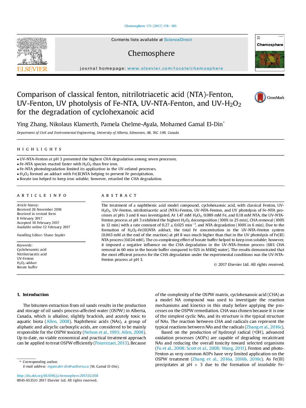 Comparison of classical fenton, nitrilotriacetic acid (NTA)-Fenton, UV-Fenton, UV photolysis of Fe-NTA, UV-NTA-Fenton, and UV-H2O2 for the degradation of cyclohexanoic acid