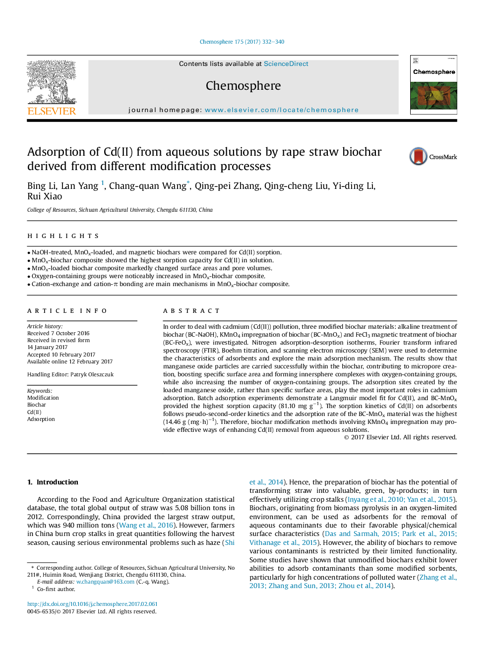 Adsorption of Cd(II) from aqueous solutions by rape straw biochar derived from different modification processes