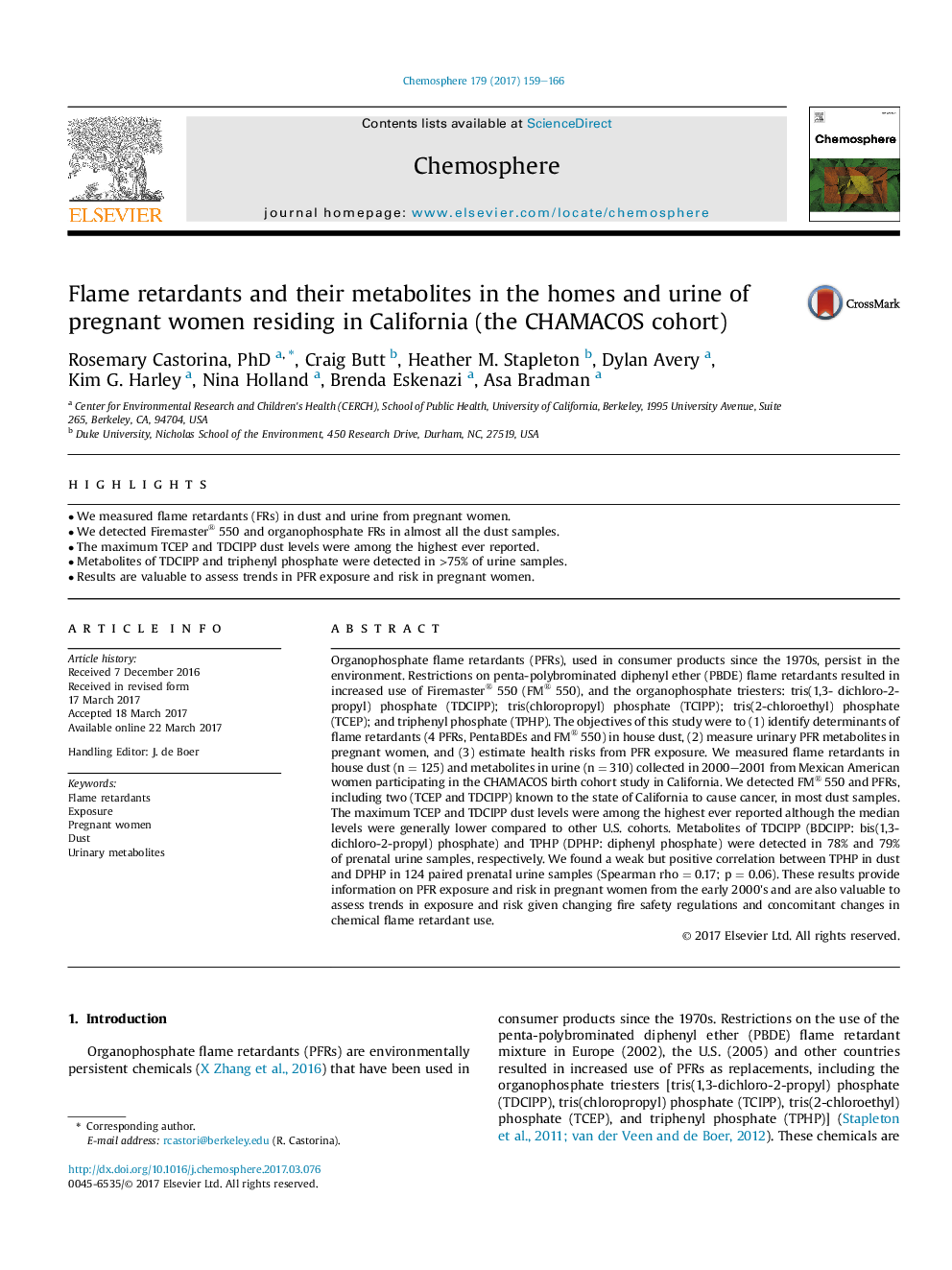 عکس صفحه اول مقاله: Flame retardants and their metabolites in the homes and urine of pregnant women residing in California (the CHAMACOS cohort) Flame retardants and their metabolites in the homes and urine of pregnant women residing in California (the CHAMACOS cohort)