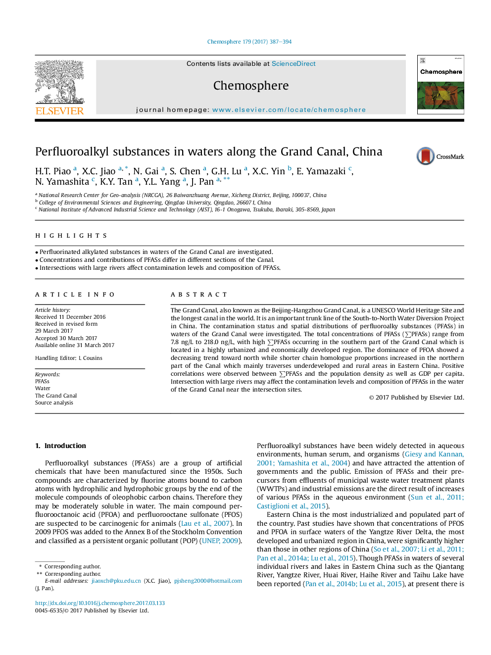 Perfluoroalkyl substances in waters along the Grand Canal, China