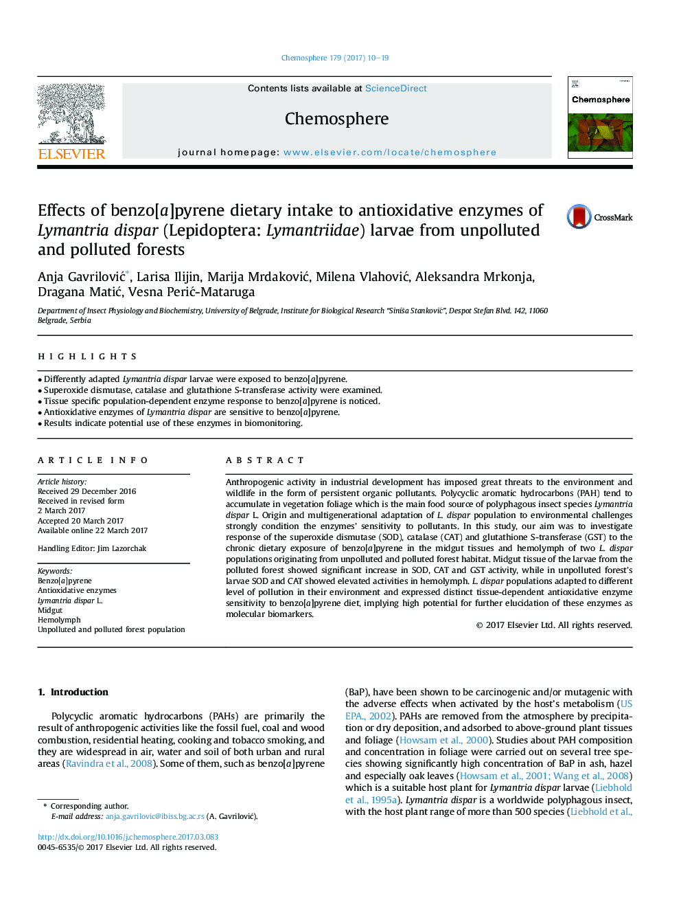 Effects of benzo[a]pyrene dietary intake to antioxidative enzymes of Lymantria dispar (Lepidoptera: Lymantriidae) larvae from unpolluted and polluted forests