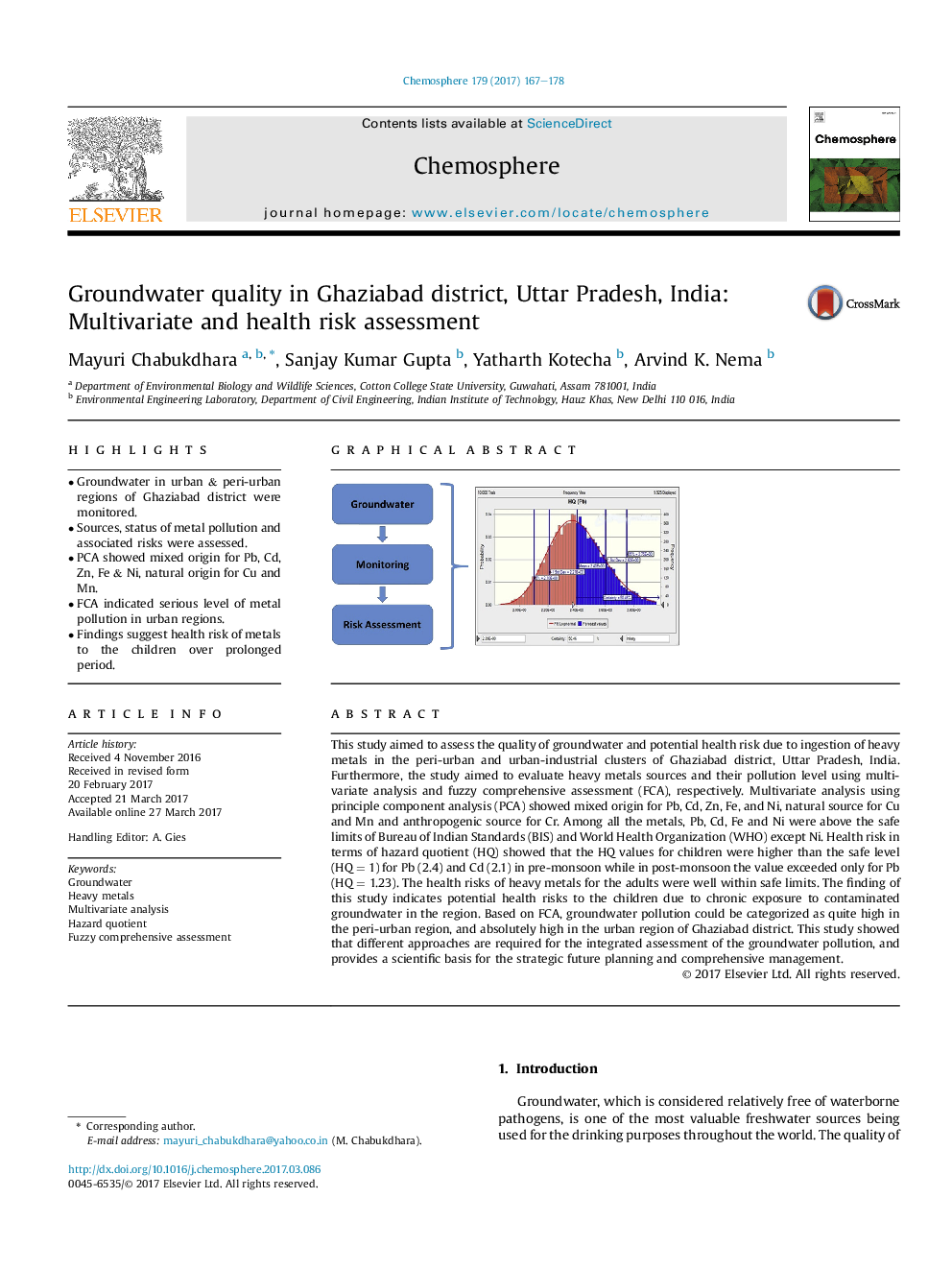 Groundwater quality in Ghaziabad district, Uttar Pradesh, India: Multivariate and health risk assessment