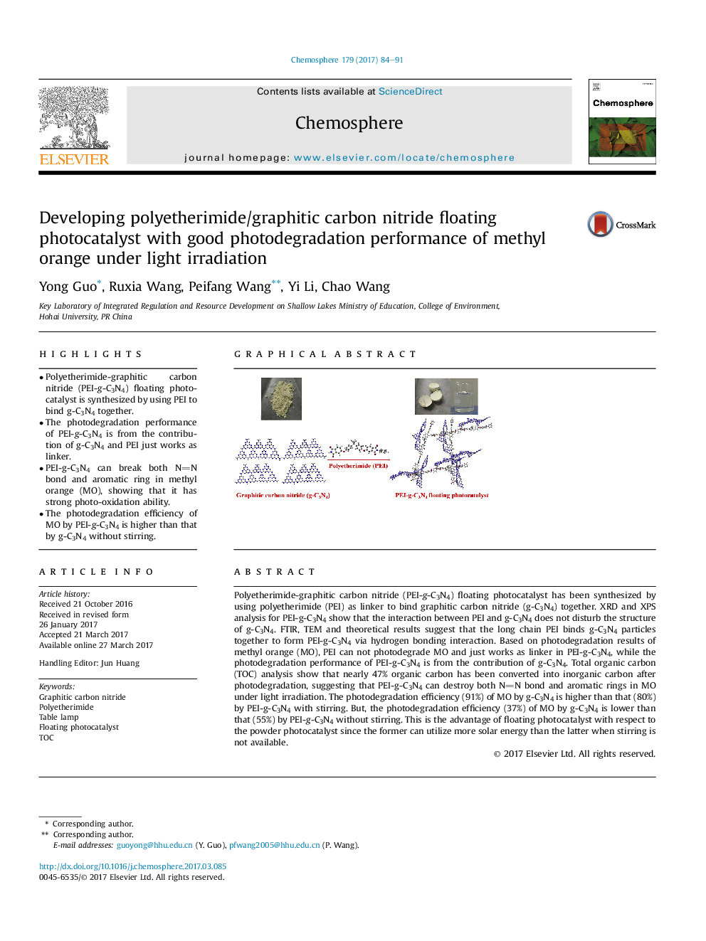 Developing polyetherimide/graphitic carbon nitride floating photocatalyst with good photodegradation performance of methyl orange under light irradiation