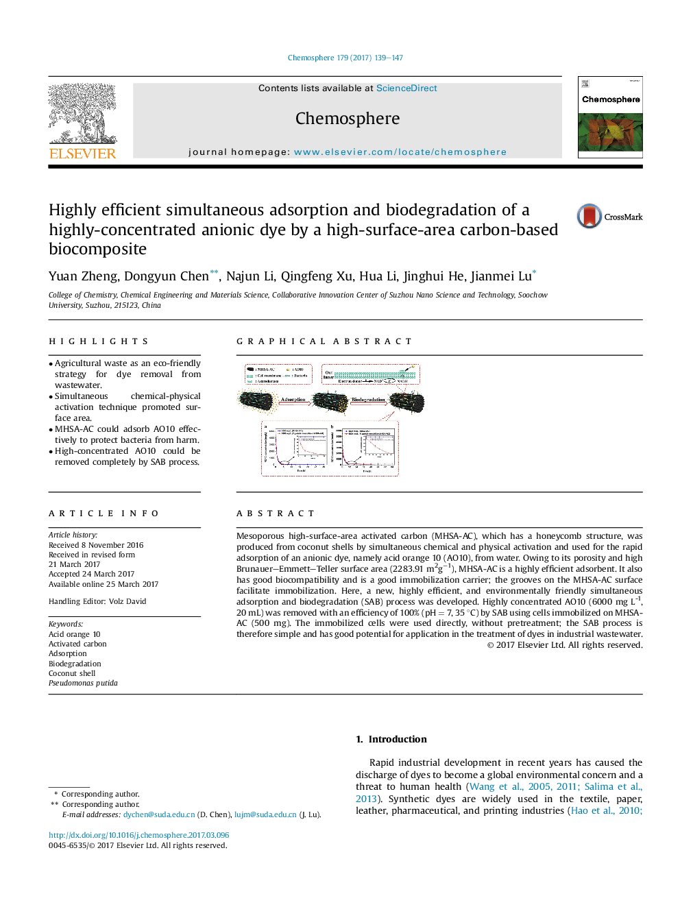 Highly efficient simultaneous adsorption and biodegradation of a highly-concentrated anionic dye by a high-surface-area carbon-based biocomposite