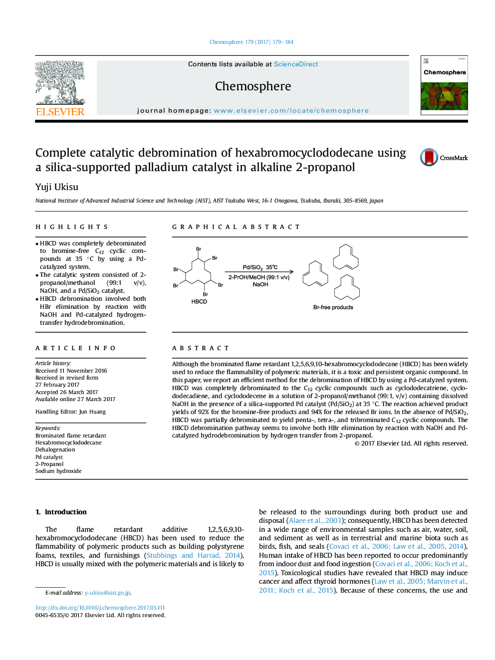 Complete catalytic debromination of hexabromocyclododecane using a silica-supported palladium catalyst in alkaline 2-propanol