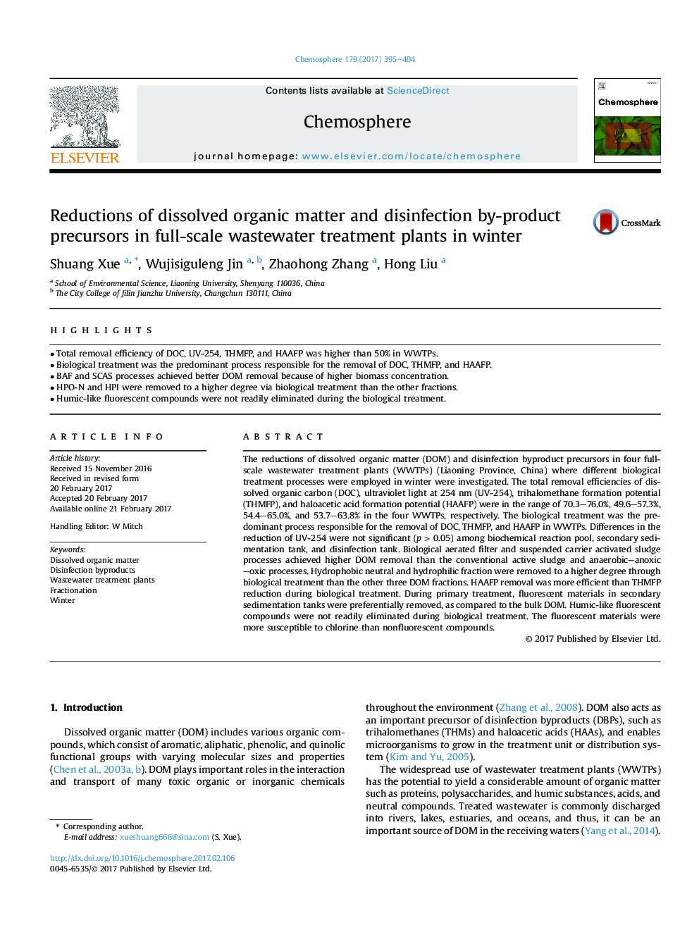 Reductions of dissolved organic matter and disinfection by-product precursors in full-scale wastewater treatment plants in winter