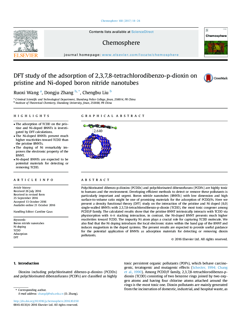 DFT study of the adsorption of 2,3,7,8-tetrachlorodibenzo-p-dioxin on pristine and Ni-doped boron nitride nanotubes