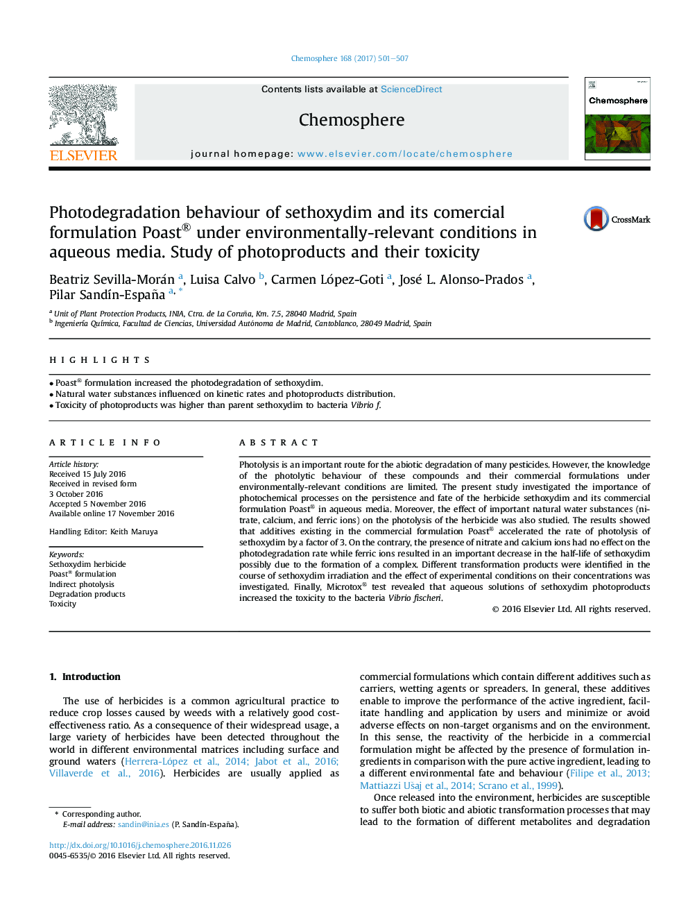 Photodegradation behaviour of sethoxydim and its comercial formulation Poast® under environmentally-relevant conditions in aqueous media. Study of photoproducts and their toxicity