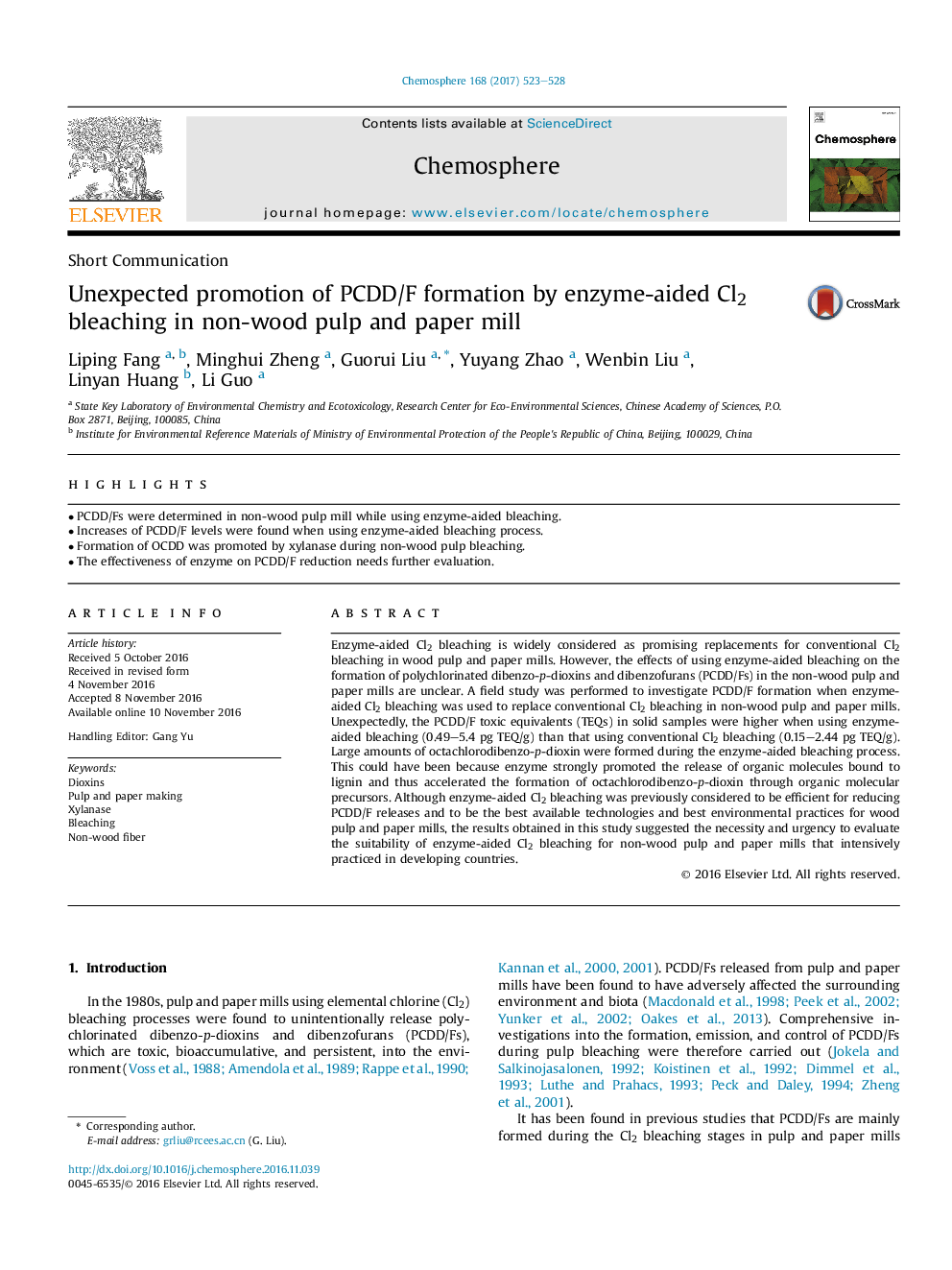 Short CommunicationUnexpected promotion of PCDD/F formation by enzyme-aided Cl2 bleaching in non-wood pulp and paper mill