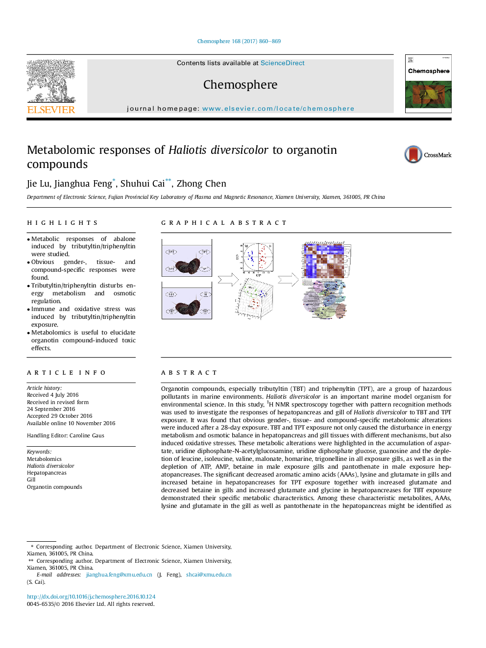 Metabolomic responses of Haliotis diversicolor to organotin compounds