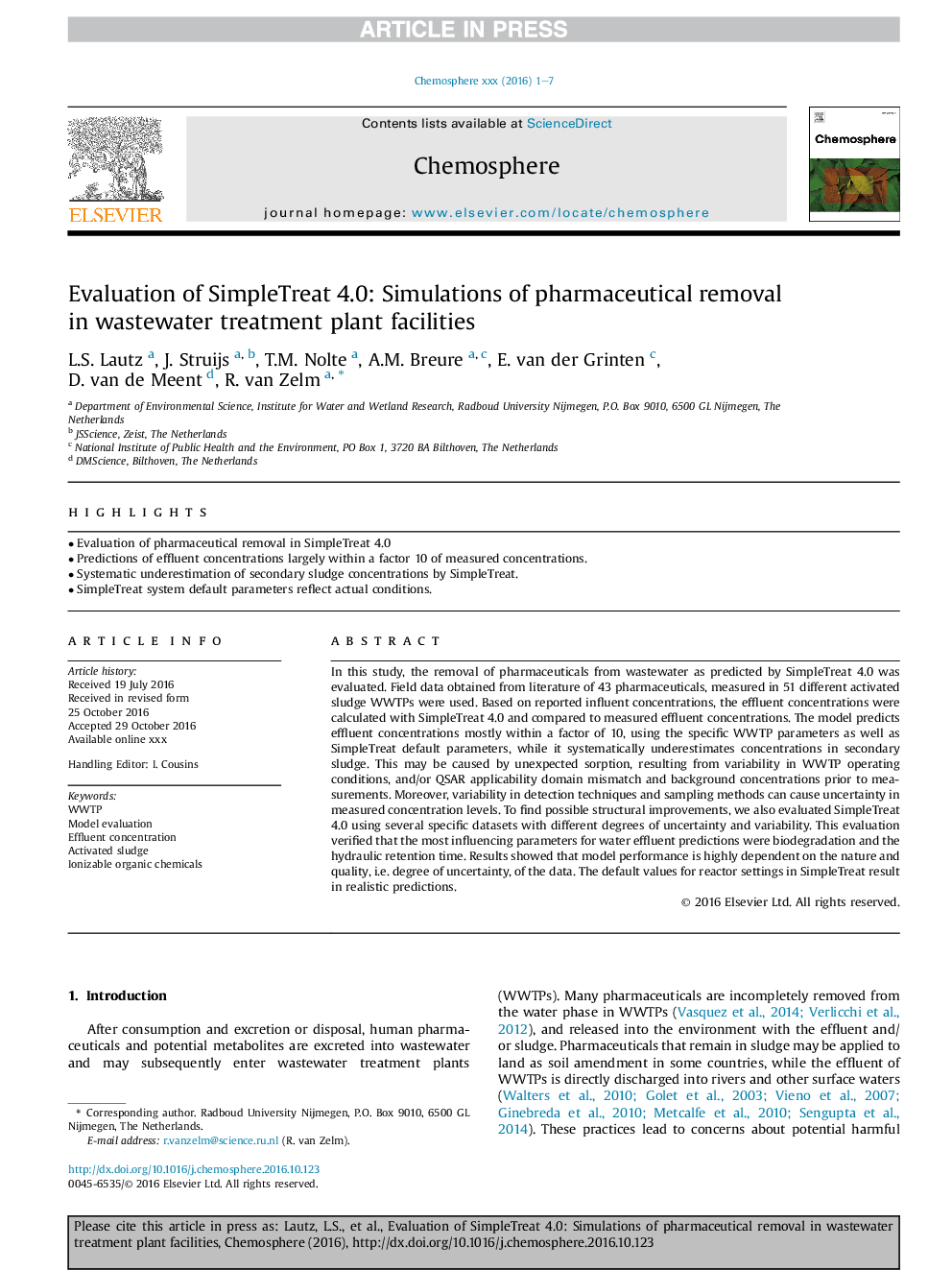 Evaluation of SimpleTreat 4.0: Simulations of pharmaceutical removal in wastewater treatment plant facilities