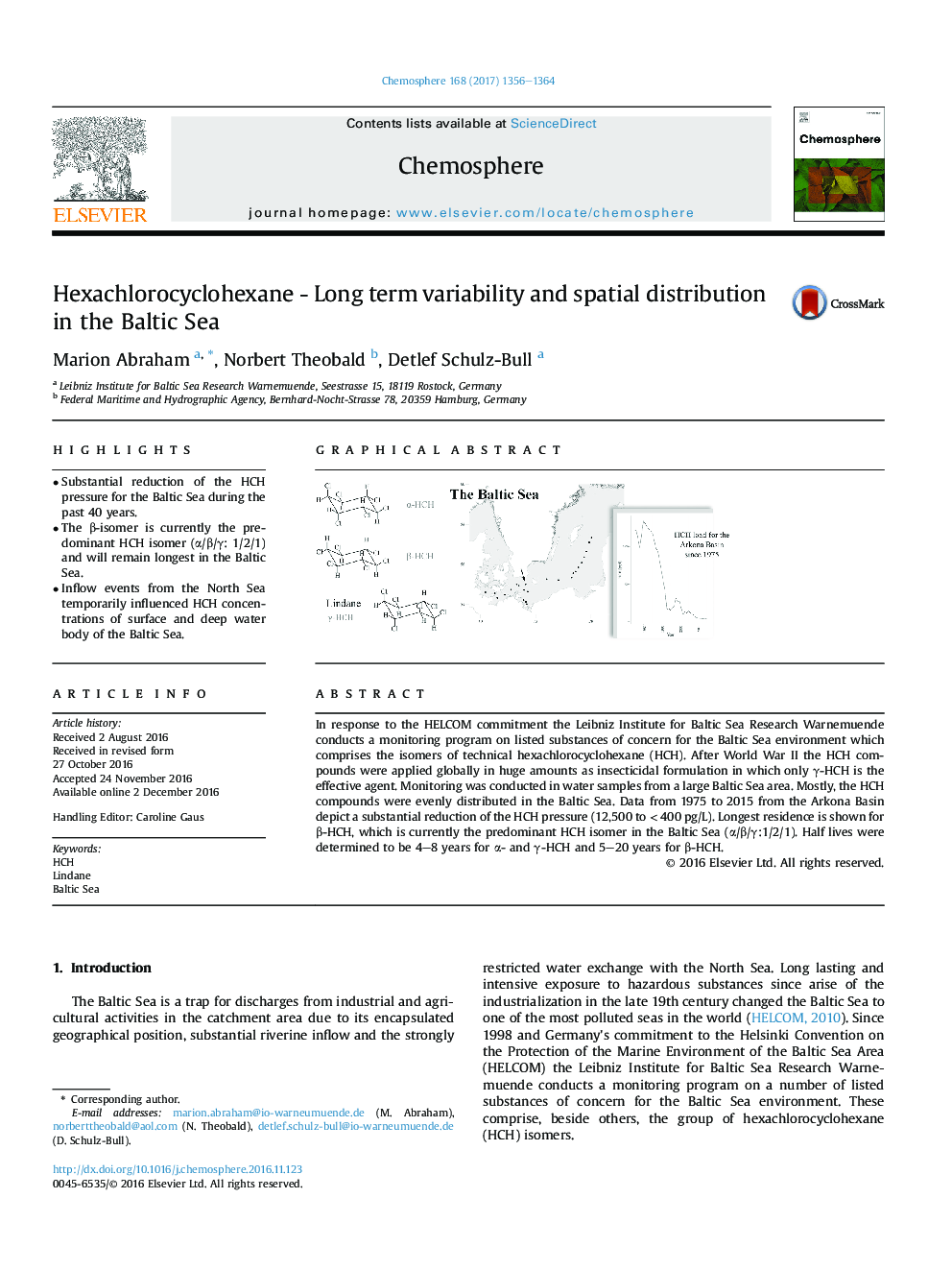 Hexachlorocyclohexane - Long term variability and spatial distribution in the Baltic Sea