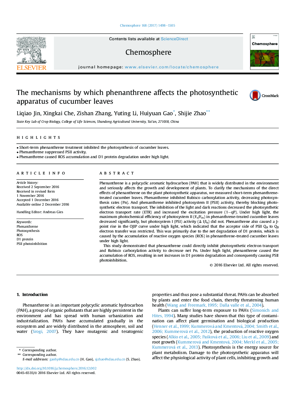 The mechanisms by which phenanthrene affects the photosynthetic apparatus of cucumber leaves