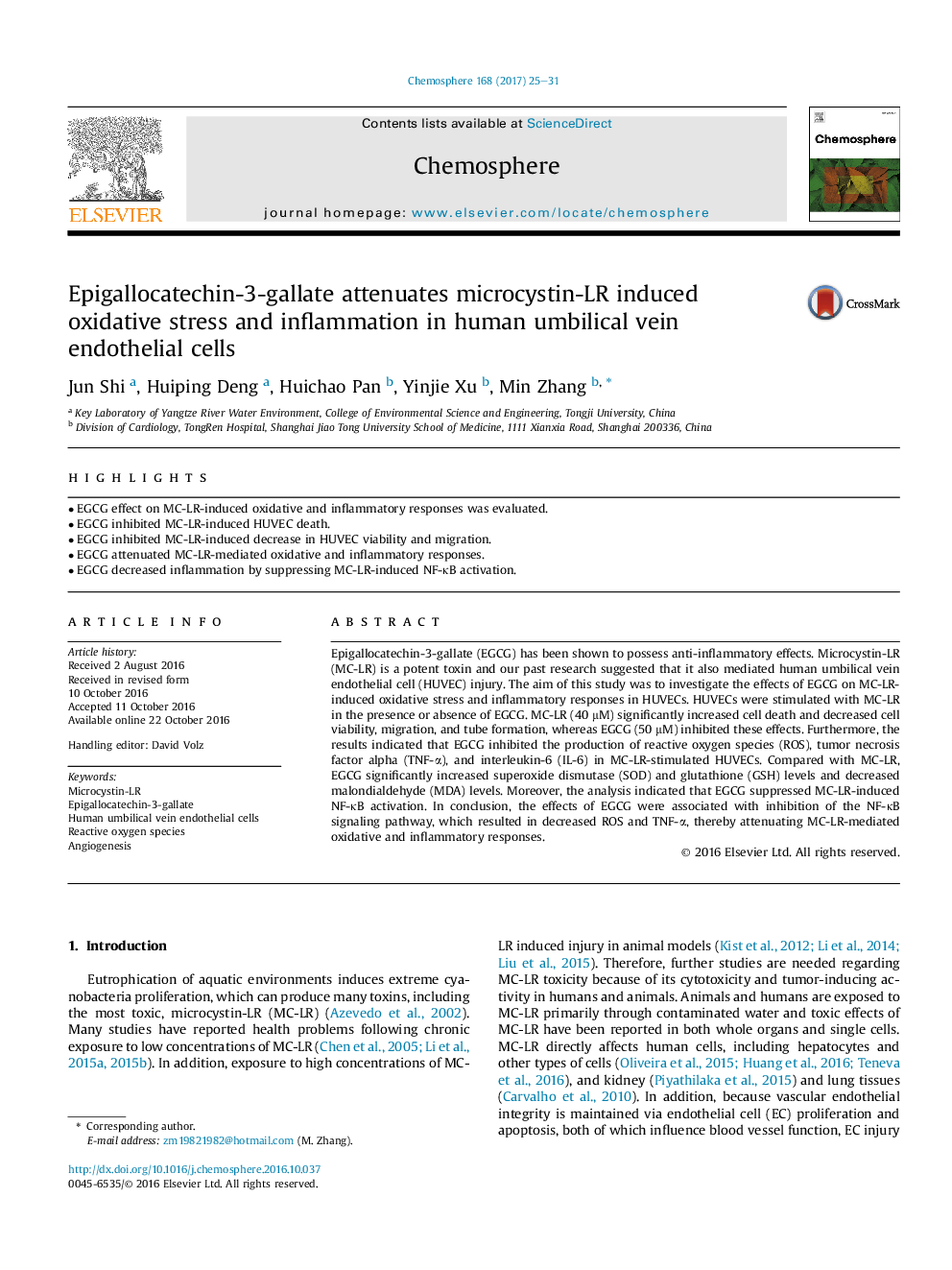 Epigallocatechin-3-gallate attenuates microcystin-LR induced oxidative stress and inflammation in human umbilical vein endothelial cells