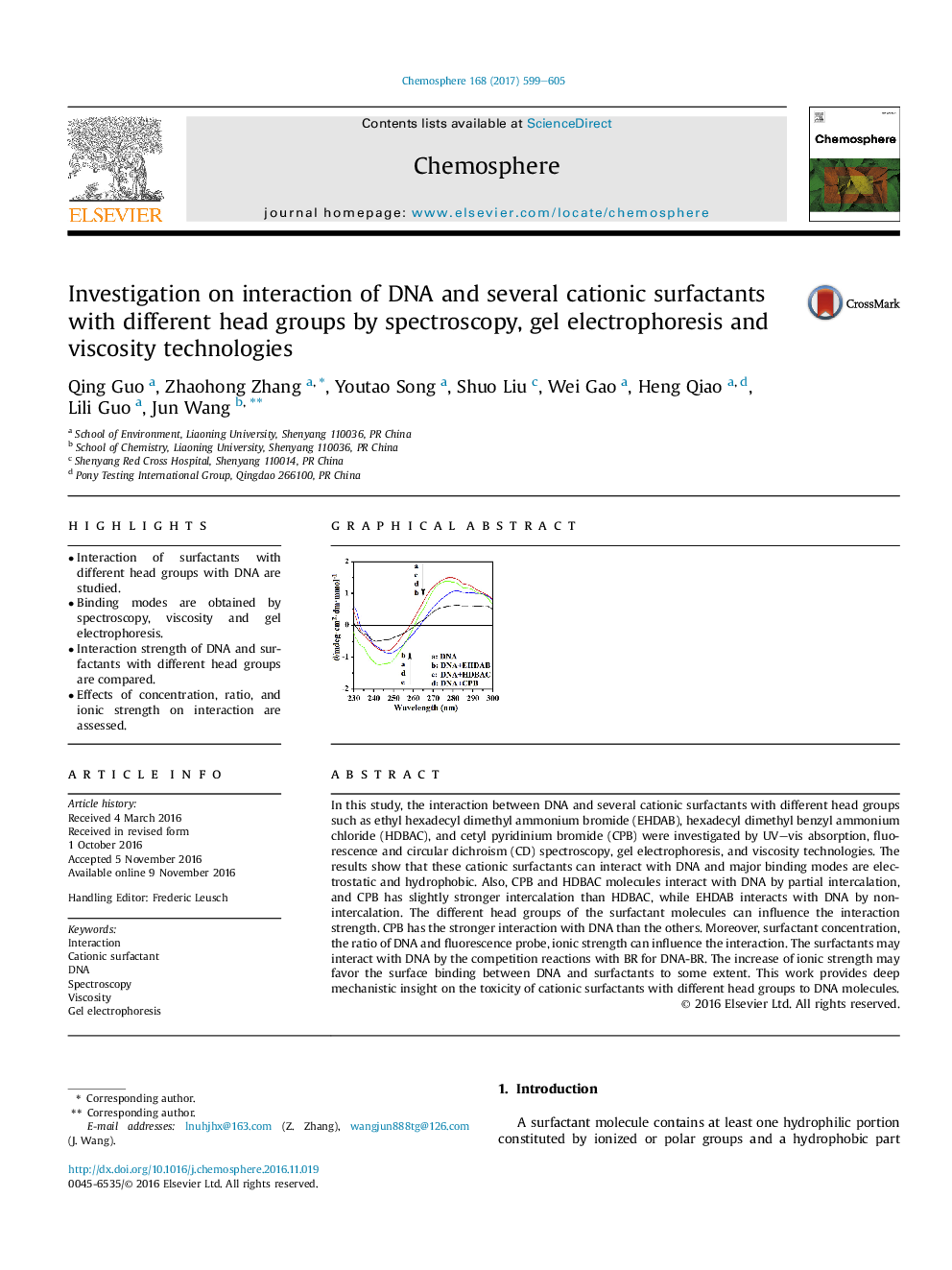 Investigation on interaction of DNA and several cationic surfactants with different head groups by spectroscopy, gel electrophoresis and viscosity technologies