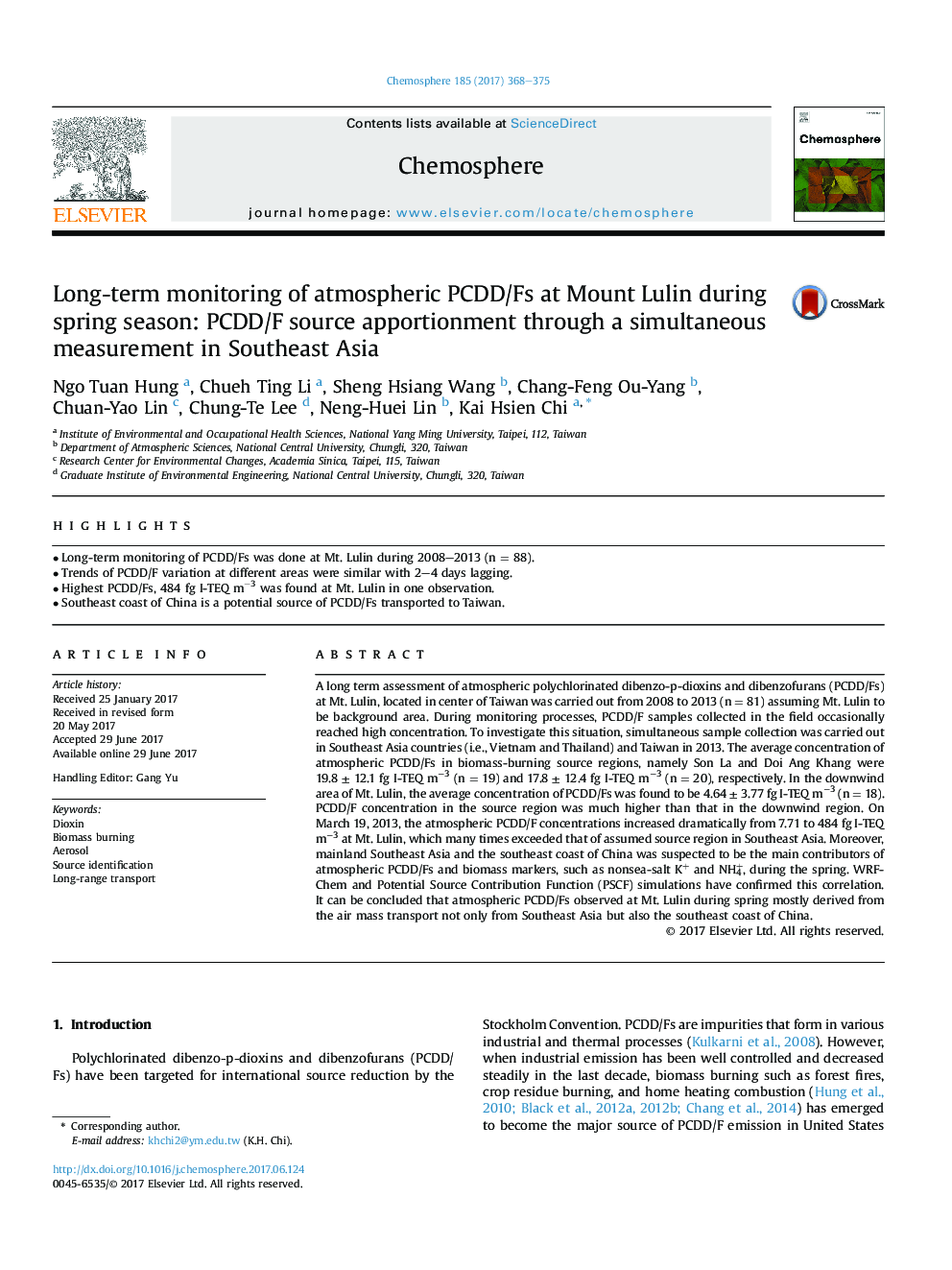 Long-term monitoring of atmospheric PCDD/Fs at Mount Lulin during spring season: PCDD/F source apportionment through a simultaneous measurement in Southeast Asia