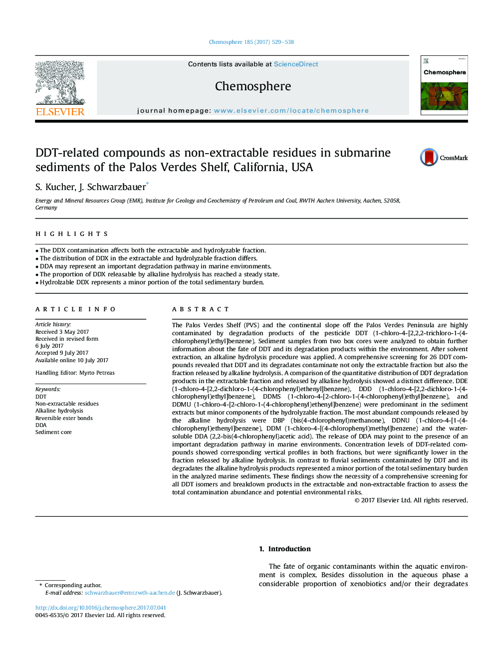 DDT-related compounds as non-extractable residues in submarine sediments of the Palos Verdes Shelf, California, USA