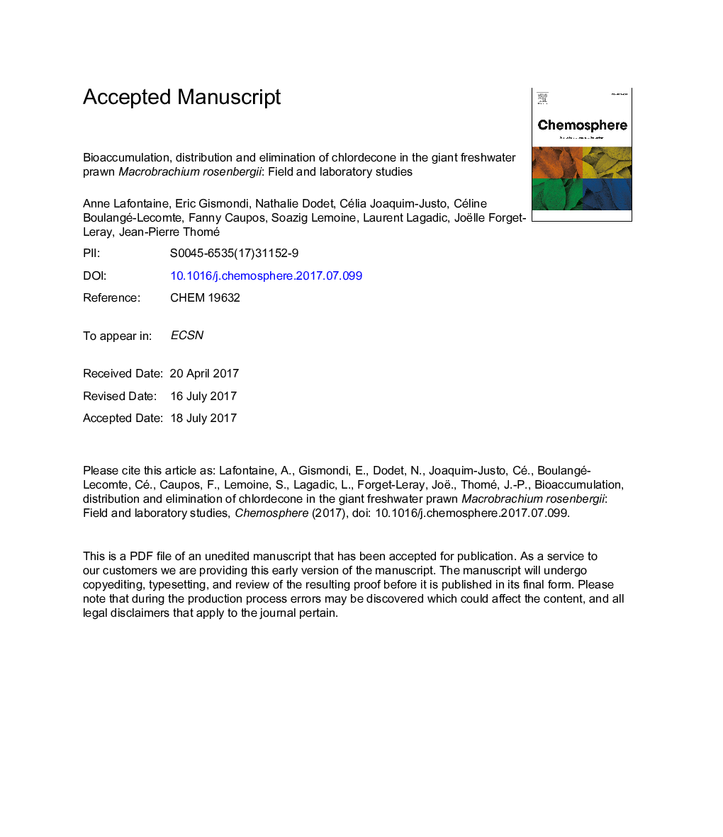 Bioaccumulation, distribution and elimination of chlordecone in the giant freshwater prawn Macrobrachium rosenbergii: Field and laboratory studies