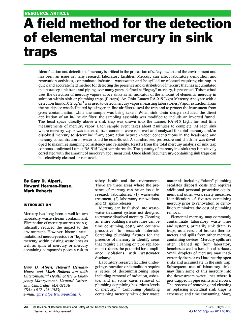 عکس صفحه اول مقاله: A field method for the detection of elemental mercury in sink traps A field method for the detection of elemental mercury in sink traps