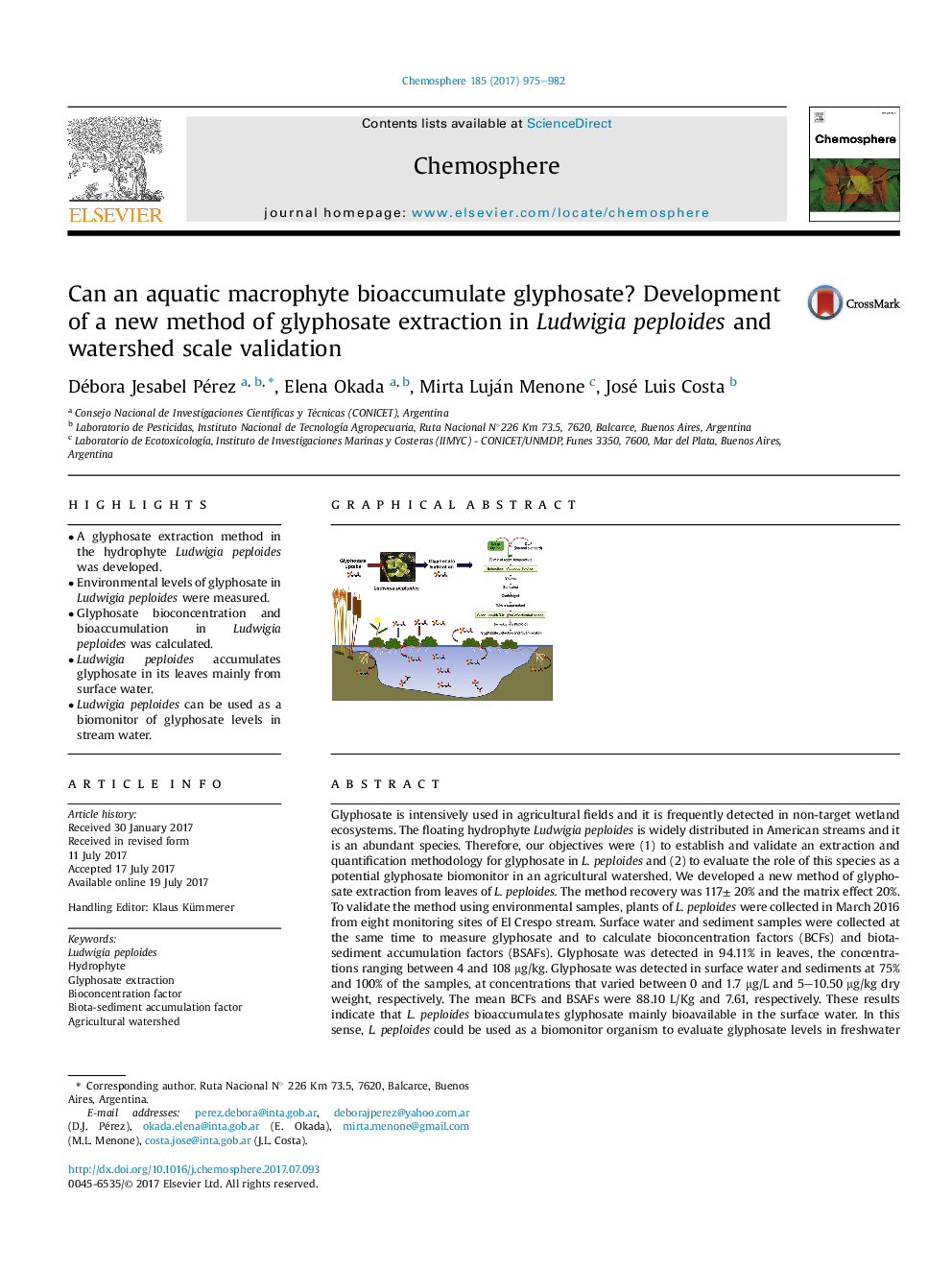 Can an aquatic macrophyte bioaccumulate glyphosate? Development of a new method of glyphosate extraction in Ludwigia peploides and watershed scale validation