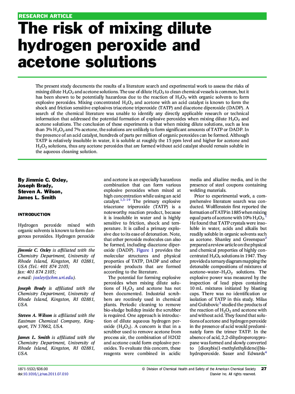 The risk of mixing dilute hydrogen peroxide and acetone solutions