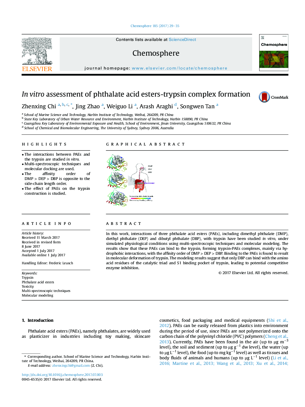 InÂ vitro assessment of phthalate acid esters-trypsin complex formation