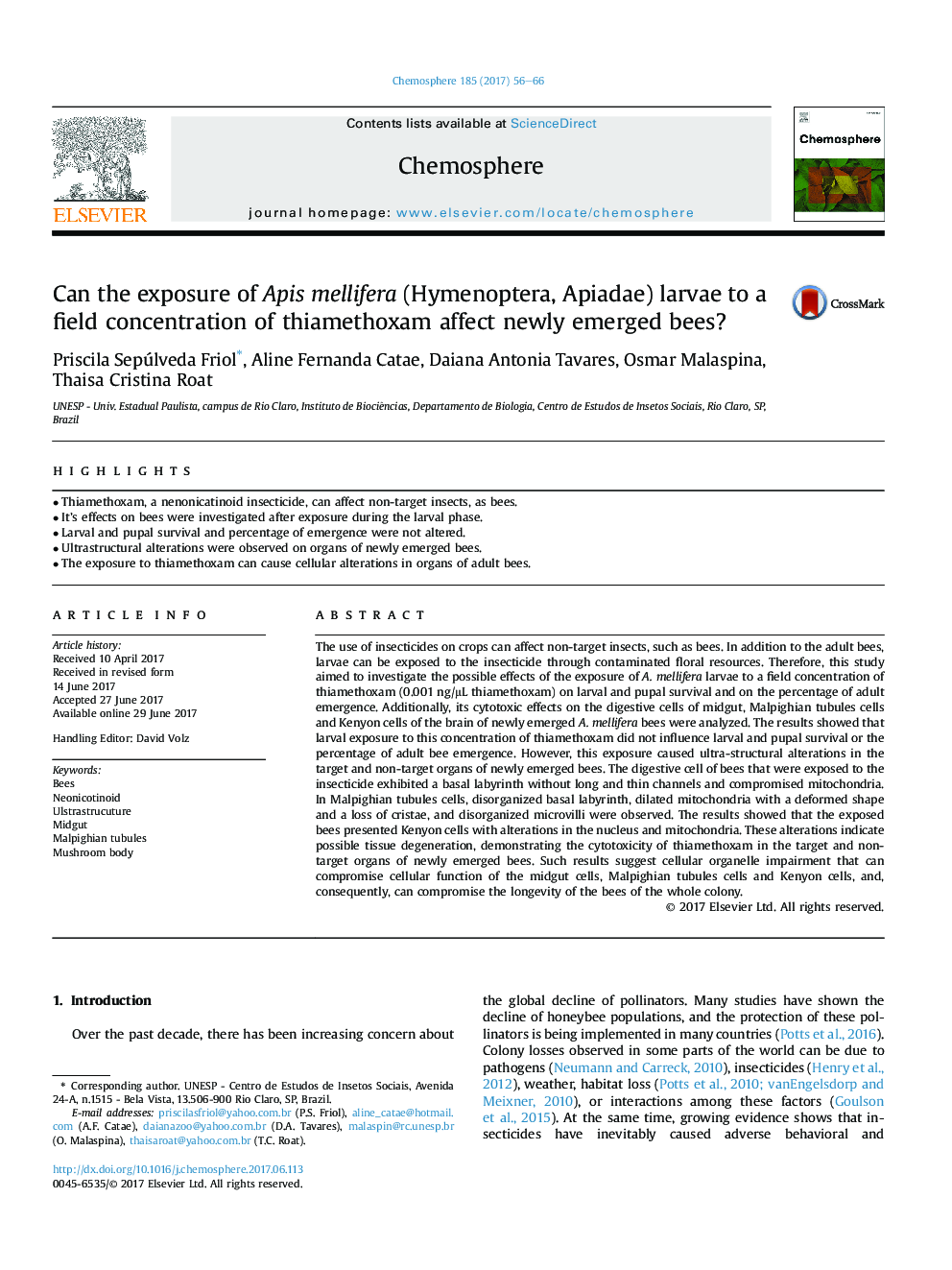 Can the exposure of Apis mellifera (Hymenoptera, Apiadae) larvae to a field concentration of thiamethoxam affect newly emerged bees?