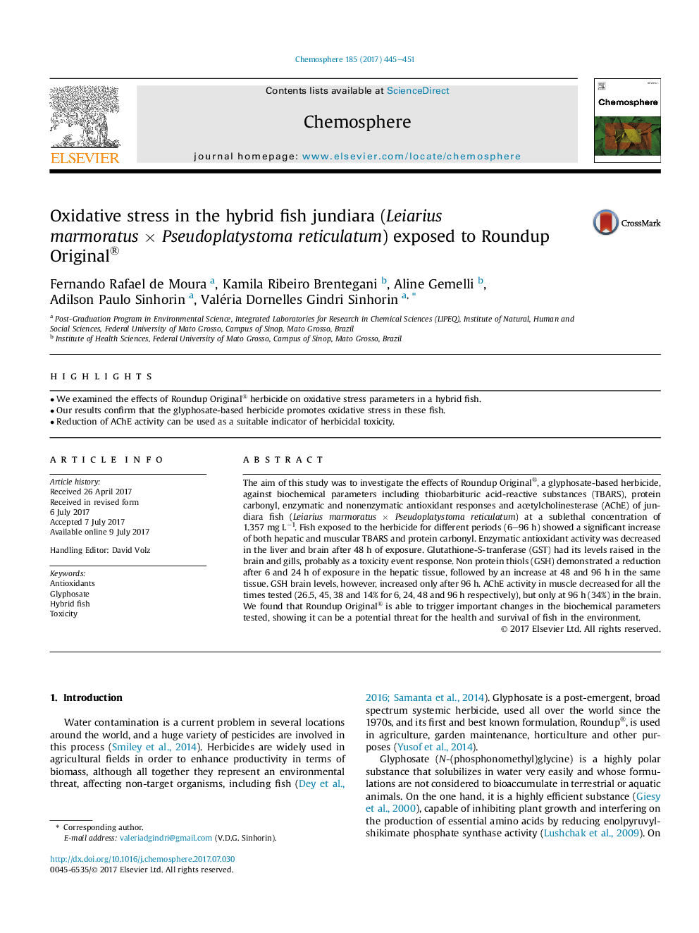 Oxidative stress in the hybrid fish jundiara (Leiarius marmoratusÂ ÃÂ Pseudoplatystoma reticulatum) exposed to Roundup Original®