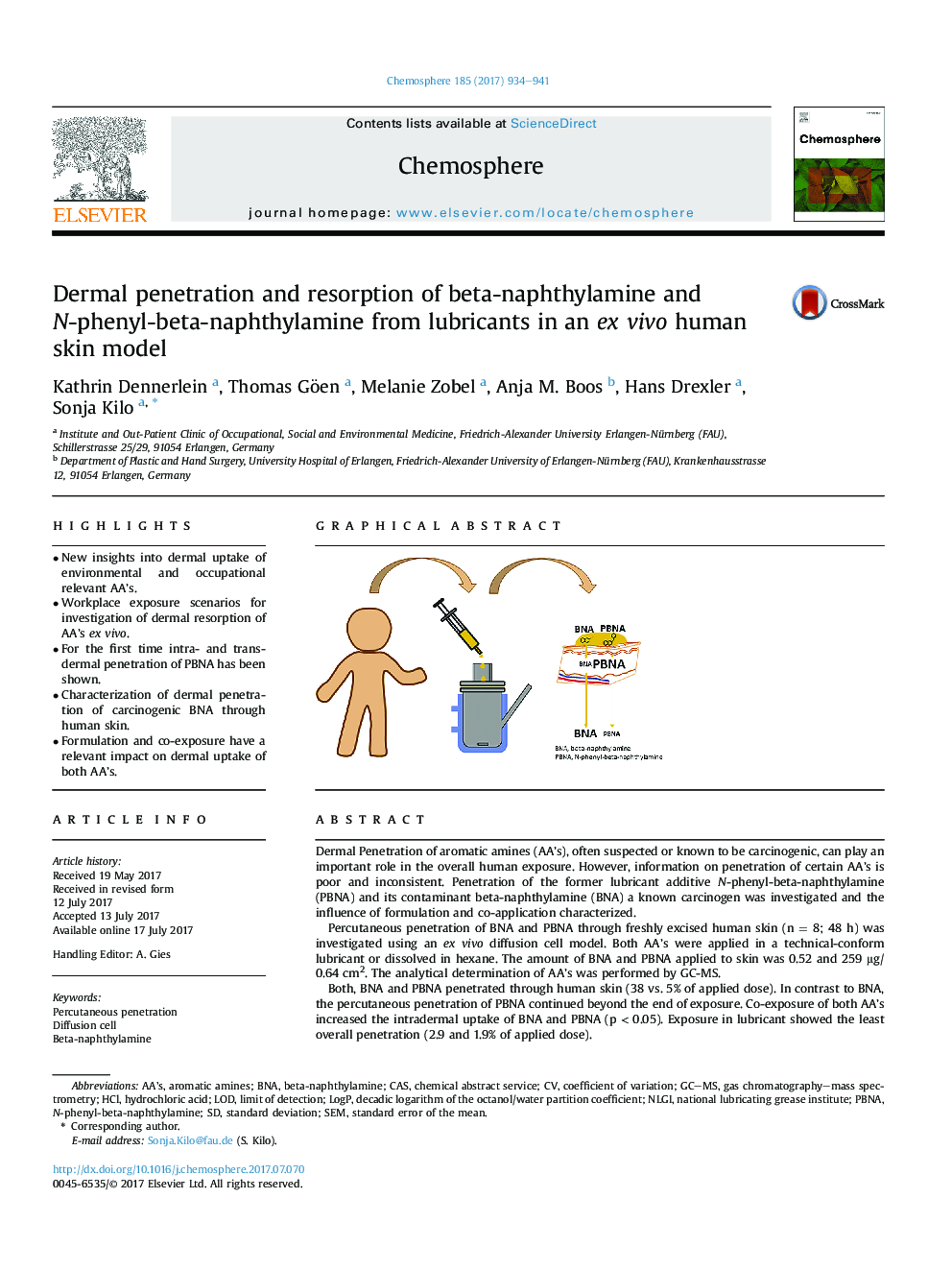 Dermal penetration and resorption of beta-naphthylamine and N-phenyl-beta-naphthylamine from lubricants in an exÂ vivo human skin model