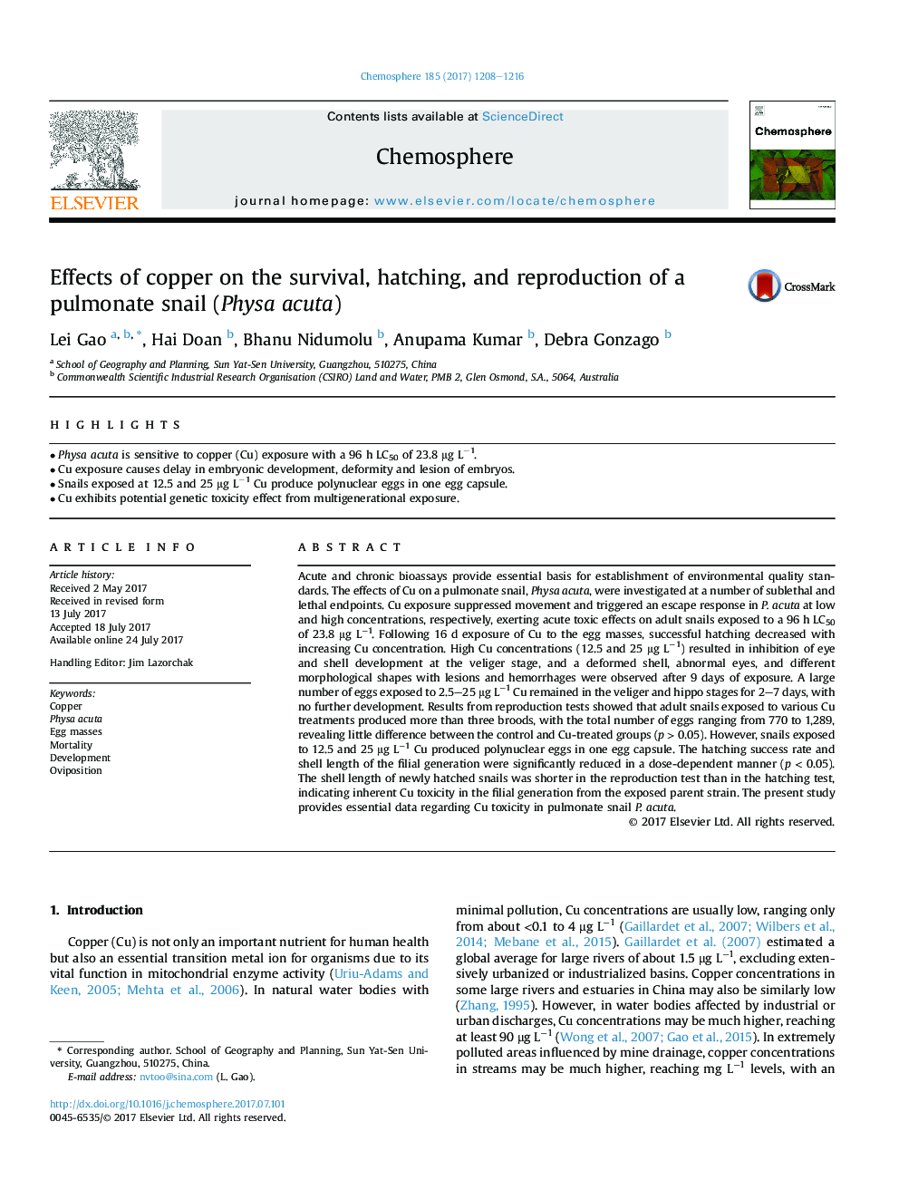 Effects of copper on the survival, hatching, and reproduction of a pulmonate snail (Physa acuta)