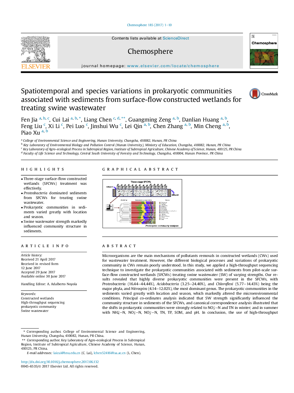 تنوع گونه ای و گونه ای در جوامع پروکاریوتیک در ارتباط با رسوبات از تالاب های ساخته شده در سطح جریان برای درمان فاضلاب خوک 