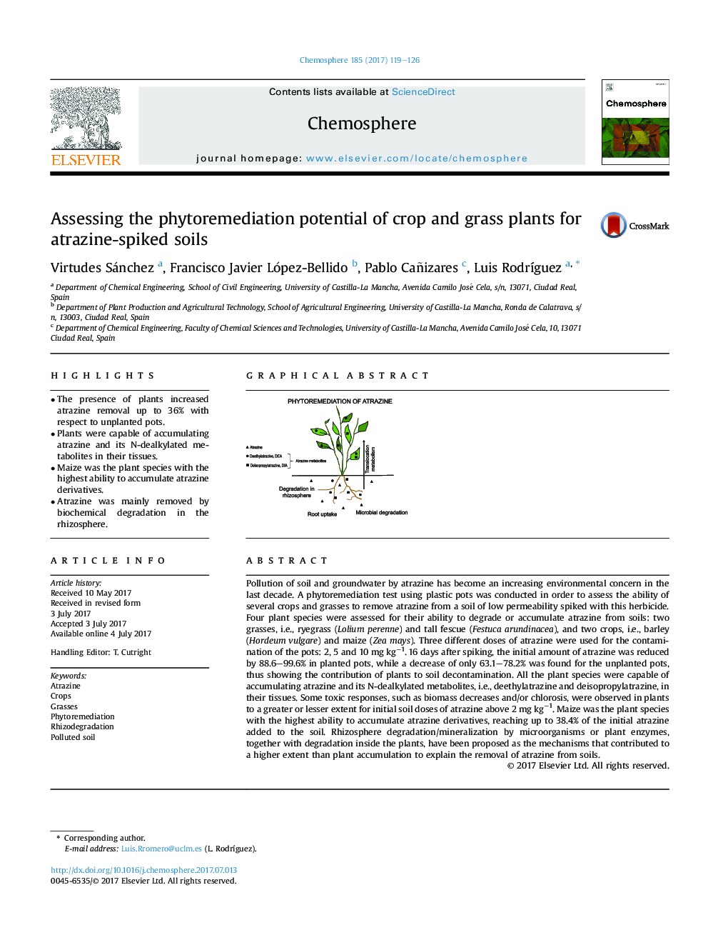 Assessing the phytoremediation potential of crop and grass plants for atrazine-spiked soils
