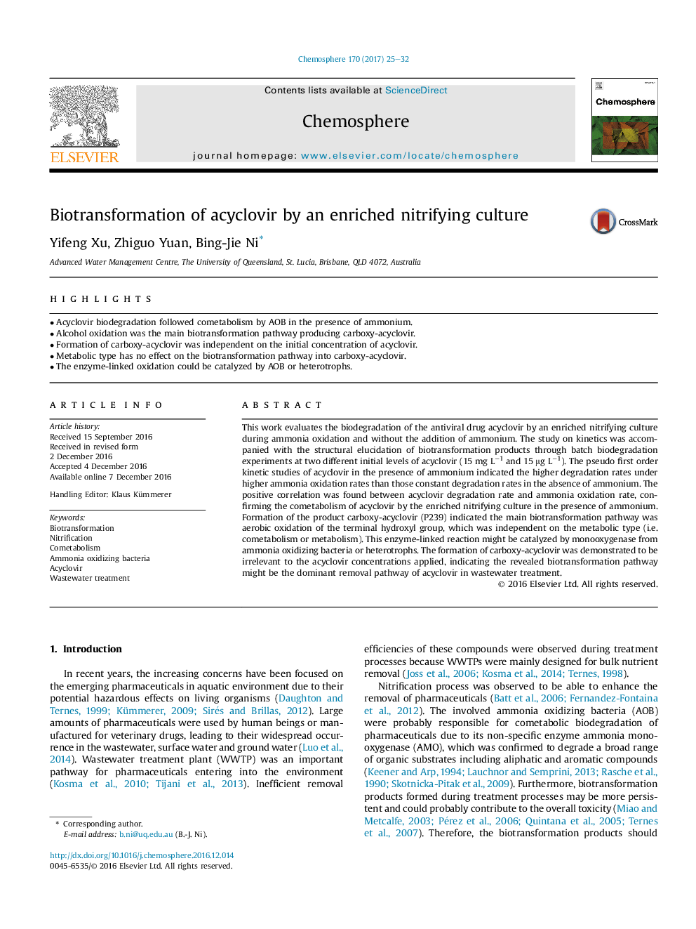 Biotransformation of acyclovir by an enriched nitrifying culture