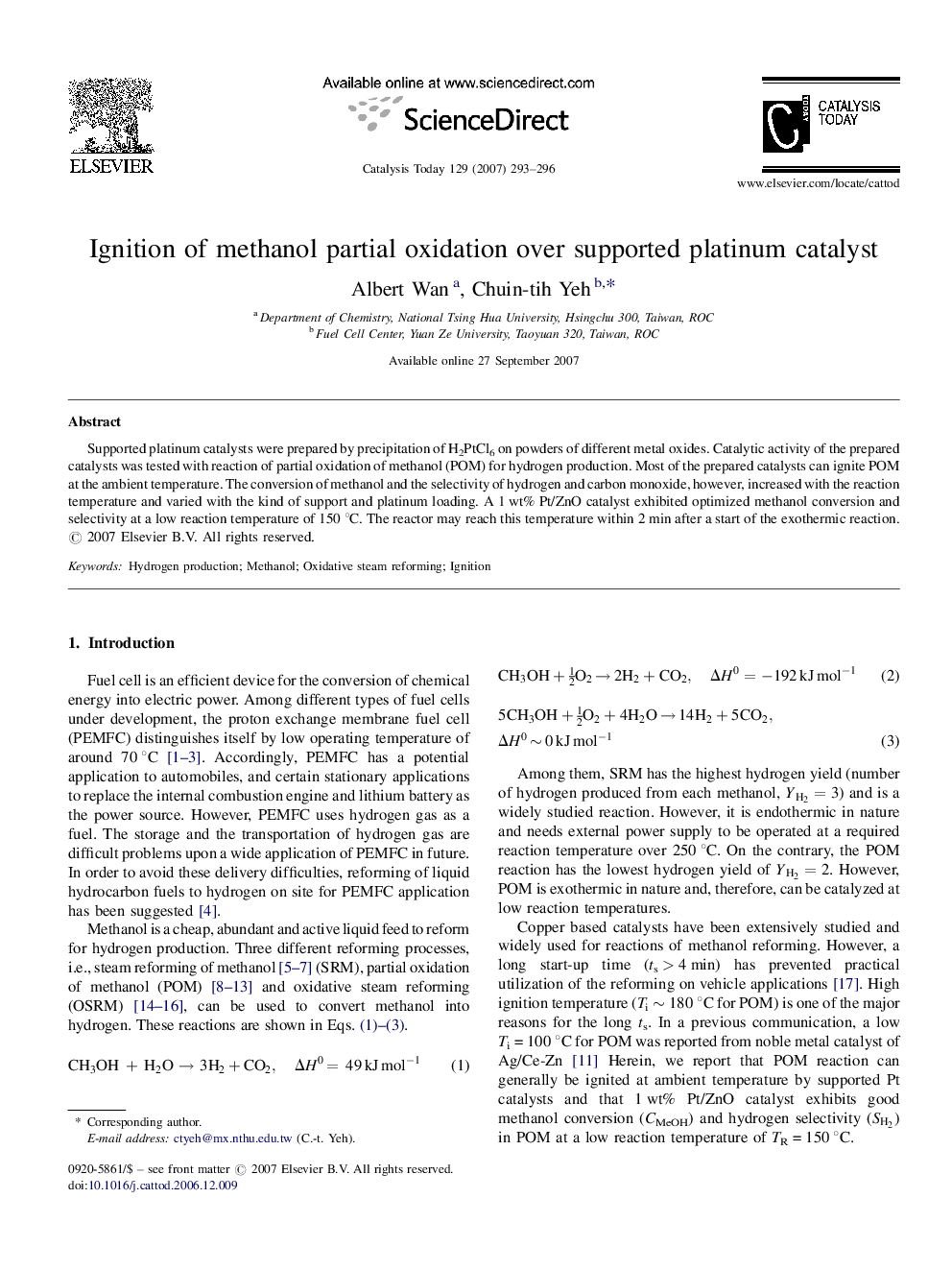 Ignition of methanol partial oxidation over supported platinum catalyst